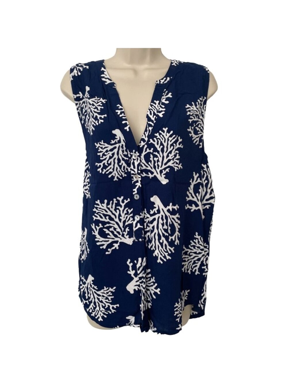 Escapada Melanie Top Womens Navy White Barrier Reef Sleeveless Button Front Sz M